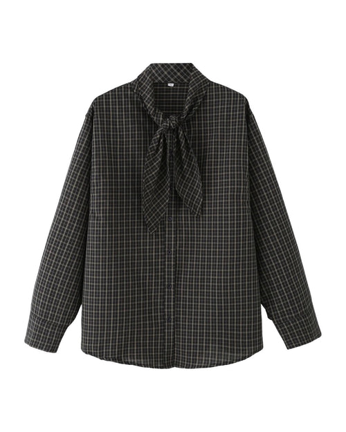 Chemise à carreaux à col lavallière Coupe ample Coton mélangé