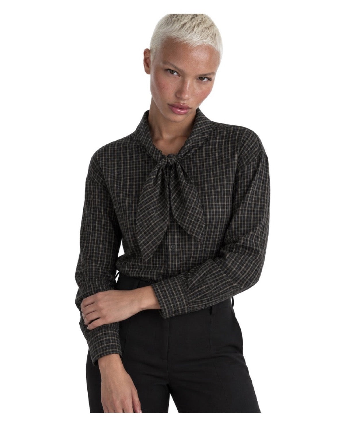 Chemise à carreaux à col lavallière Coupe ample Coton mélangé