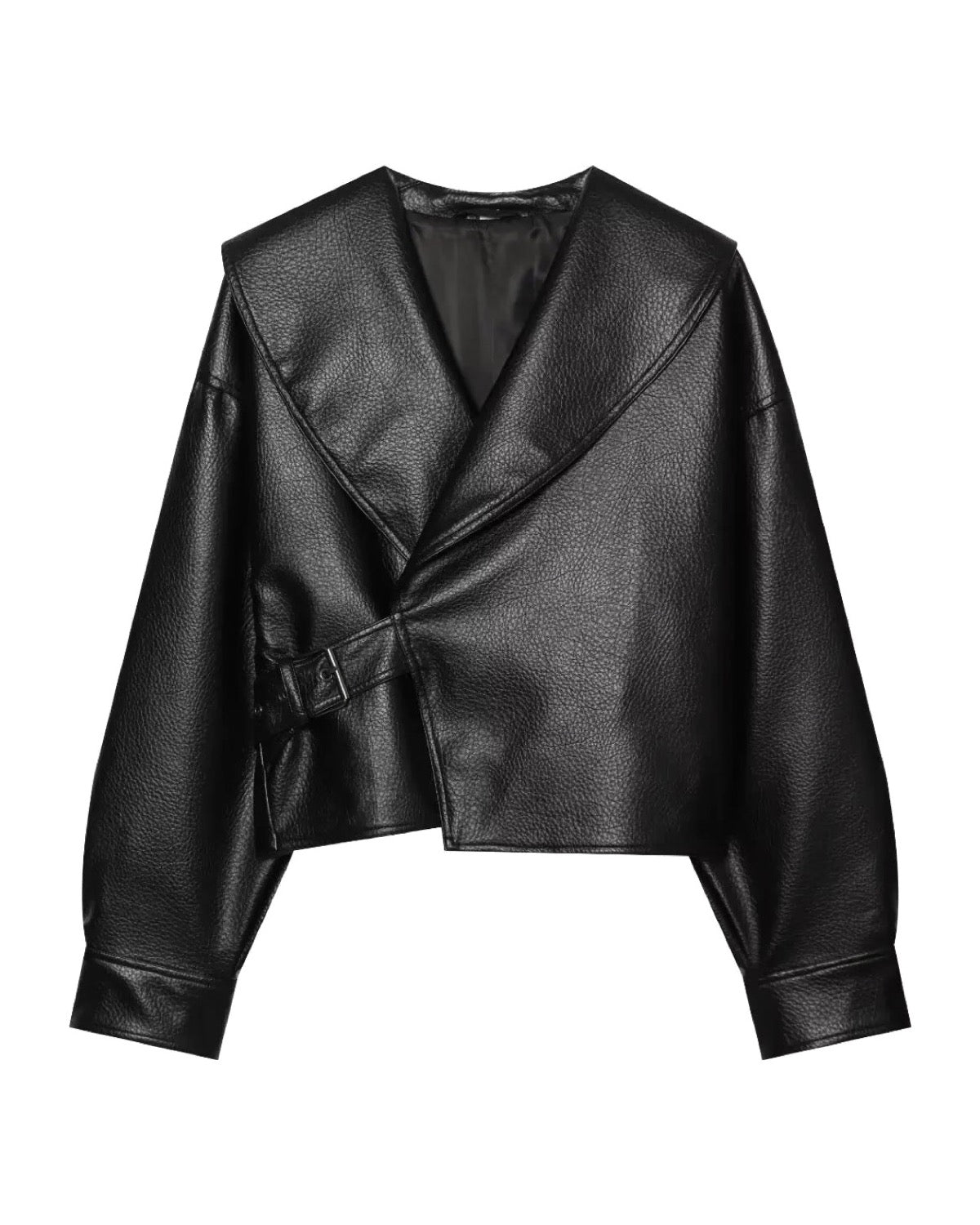 Veste courte en similicuir à col châle Ceinture à boucle Coupe ample