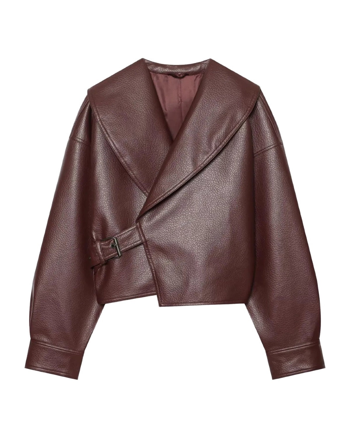 Veste courte en similicuir à col châle Ceinture à boucle Coupe ample