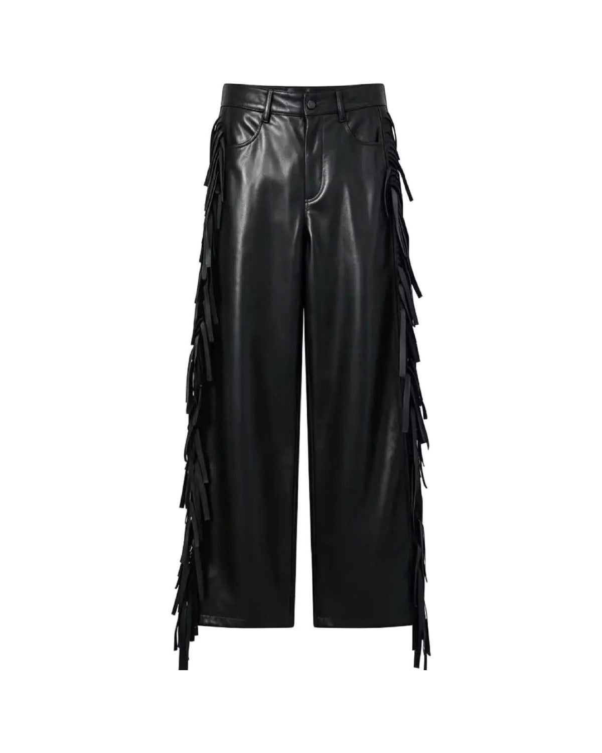 Pantalon large en similicuir à franges Taille haute Noir