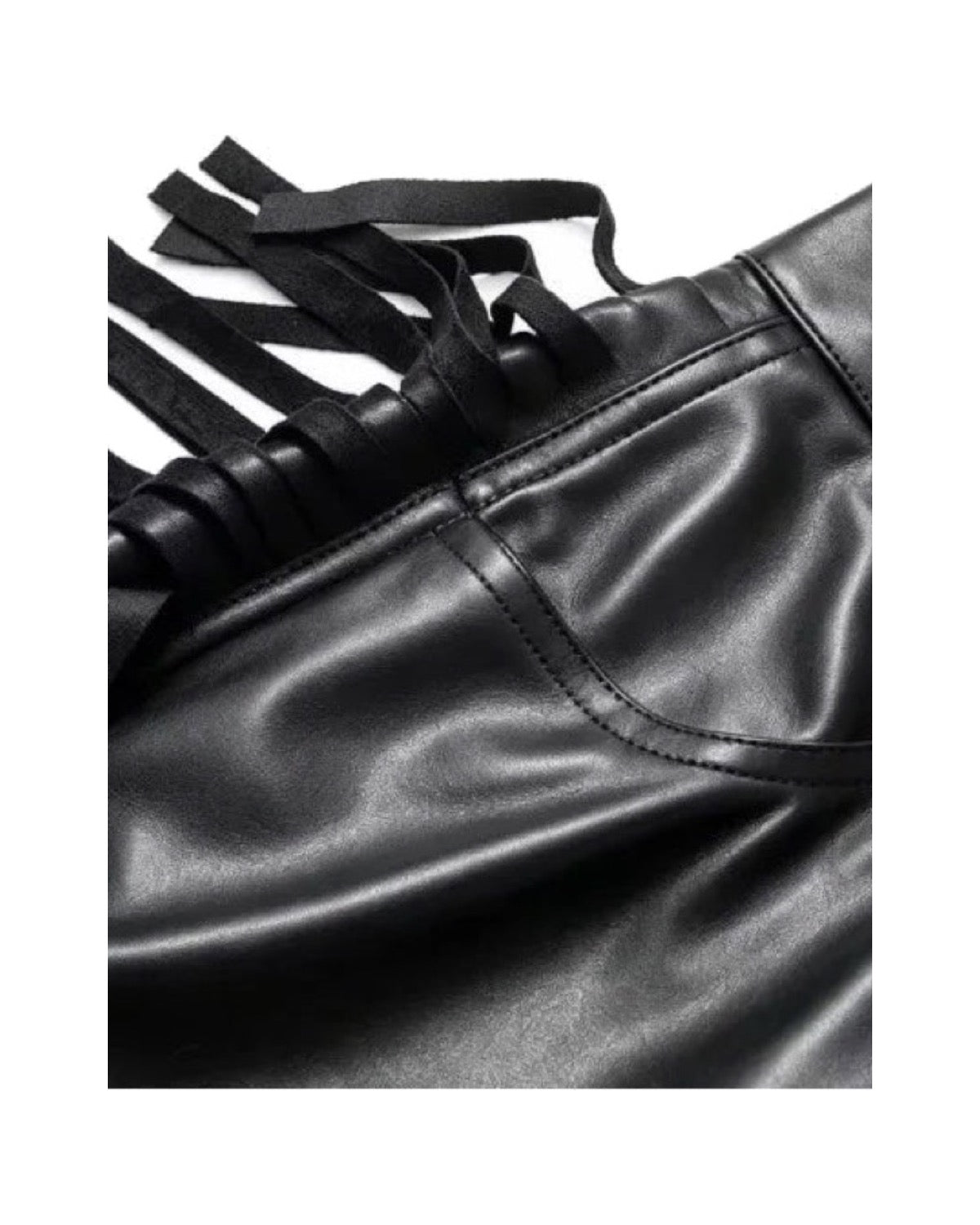 Pantalon large en similicuir à franges Taille haute Noir