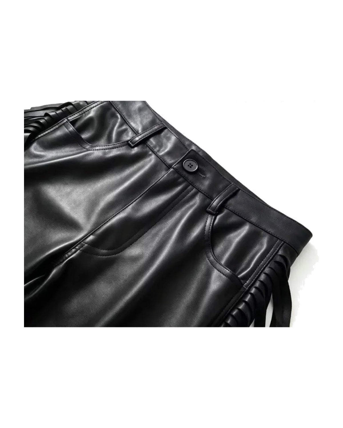 Pantalon large en similicuir à franges Taille haute Noir