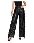 Pantalon large en similicuir à franges Taille haute Noir
