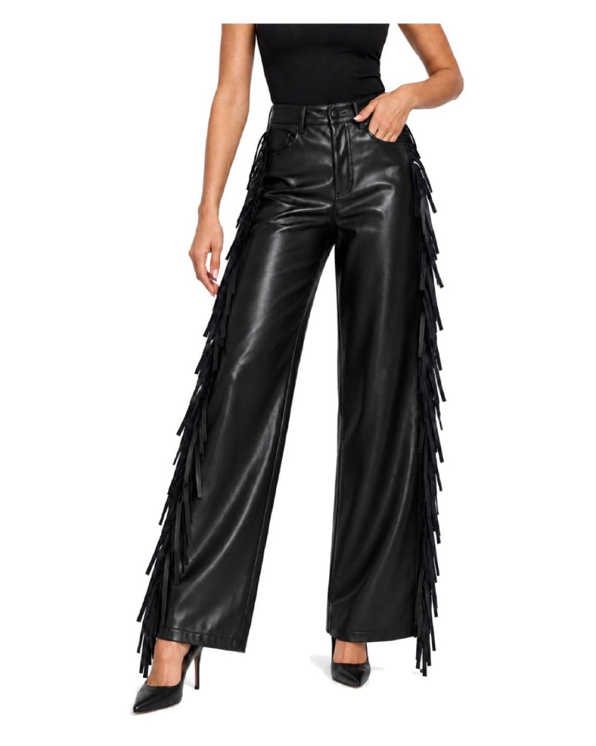 Pantalon large en similicuir à franges Taille haute Noir