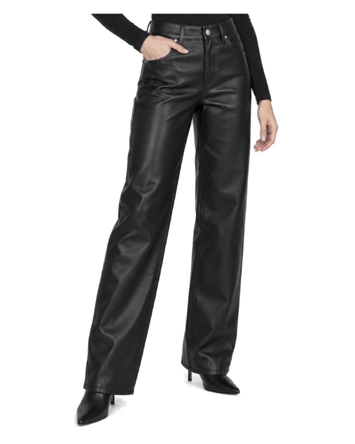 Pantalon droit en similicuir Taille haute Cinq poches