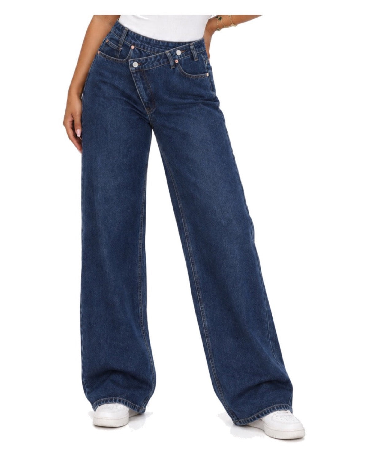 Jean taille haute à jambe largeTaille croisée Denim
