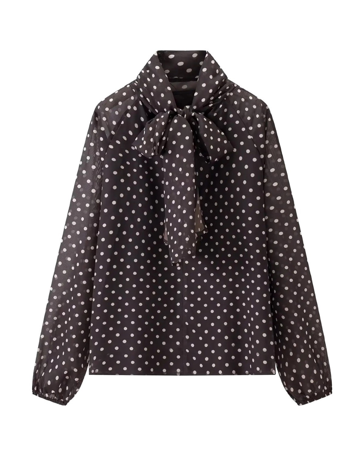 Blouse à pois en mousseline Nœud lavallière  Manches bouffantes